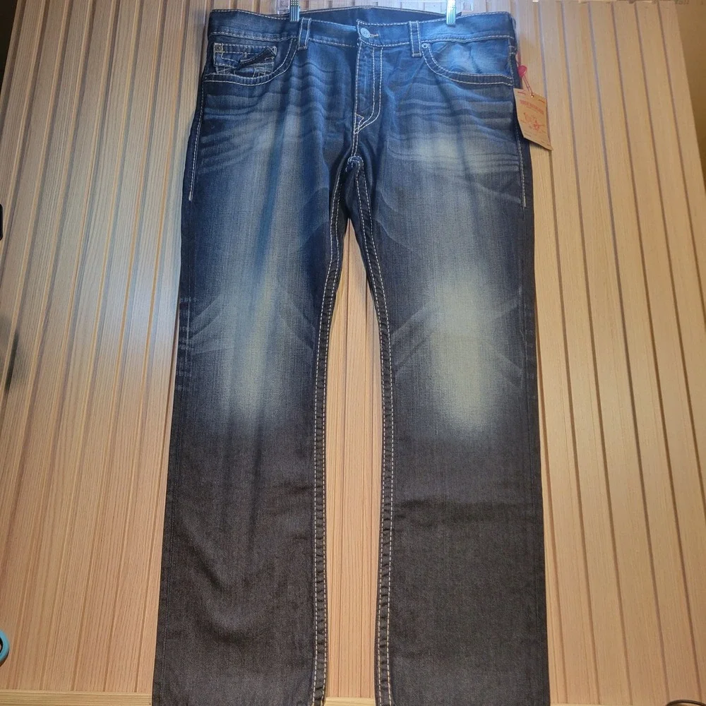 True Religion Mens Straight Leg Jeans Dark Wash Contrast Stitch W42 Blue Denim